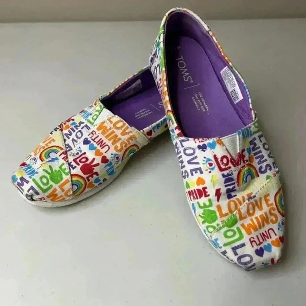 Toms Canvas Slip-Ons in Rainbow Print with Purple Insole